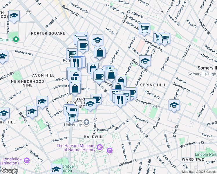 map of restaurants, bars, coffee shops, grocery stores, and more near 345 Beacon Street in Somerville