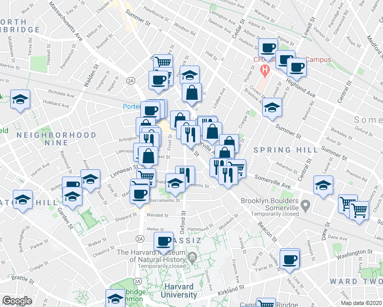 map of restaurants, bars, coffee shops, grocery stores, and more near 345 Beacon Street in Somerville