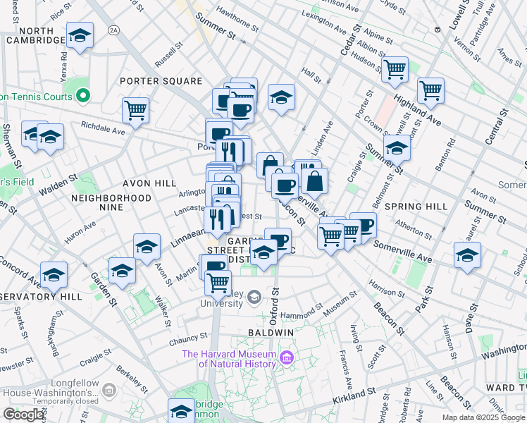 map of restaurants, bars, coffee shops, grocery stores, and more near 133 Oxford Street in Cambridge