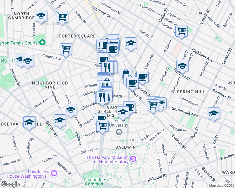 map of restaurants, bars, coffee shops, grocery stores, and more near 9 Forest Street in Cambridge