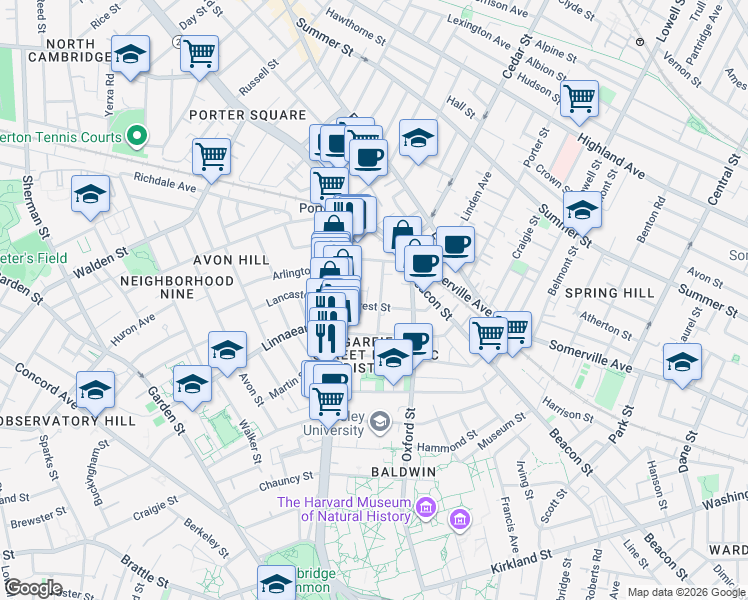map of restaurants, bars, coffee shops, grocery stores, and more near 9 Forest Street in Cambridge
