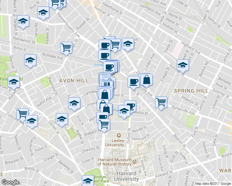 map of restaurants, bars, coffee shops, grocery stores, and more near 9 Forest Street in Cambridge