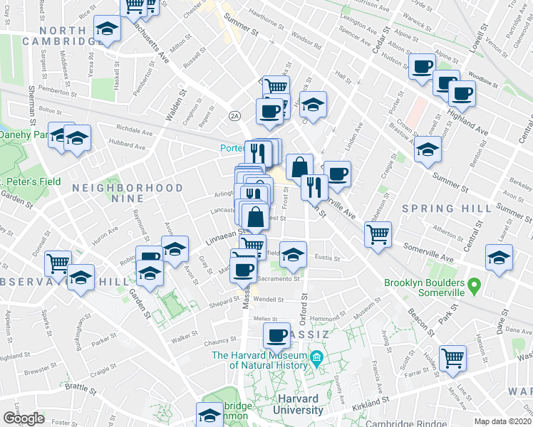 map of restaurants, bars, coffee shops, grocery stores, and more near 9 Forest Street in Cambridge