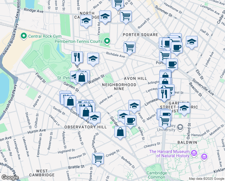 map of restaurants, bars, coffee shops, grocery stores, and more near 6 Bellevue Avenue in Cambridge