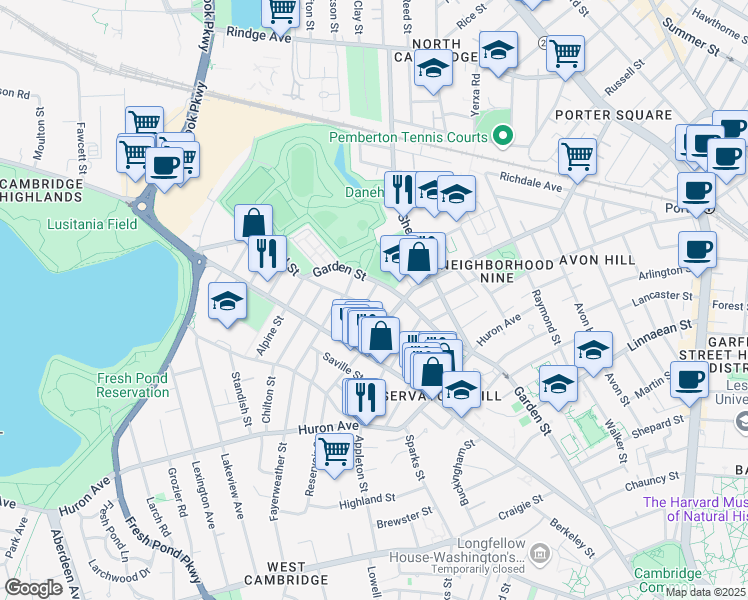 map of restaurants, bars, coffee shops, grocery stores, and more near 174 Garden Street in Cambridge