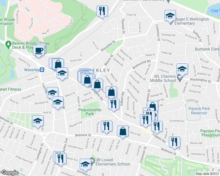 map of restaurants, bars, coffee shops, grocery stores, and more near 61 Flett Road in Belmont
