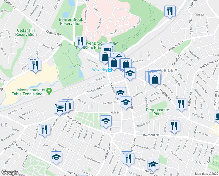 map of restaurants, bars, coffee shops, grocery stores, and more near 104-106 Sycamore Street in Belmont