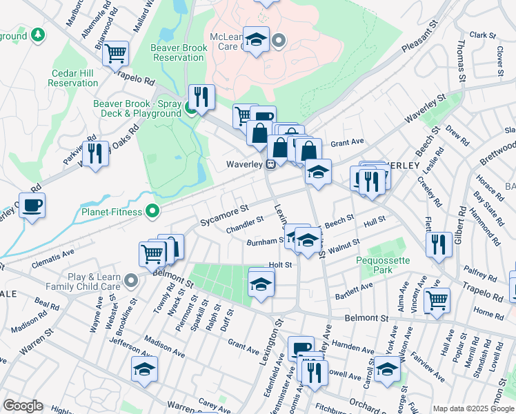 map of restaurants, bars, coffee shops, grocery stores, and more near 104-106 Sycamore Street in Belmont