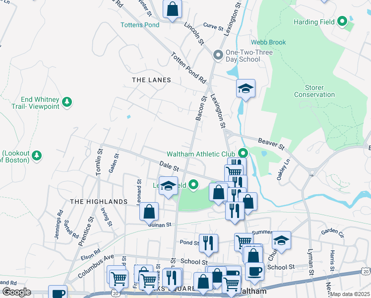 map of restaurants, bars, coffee shops, grocery stores, and more near 267 Bacon Street in Waltham