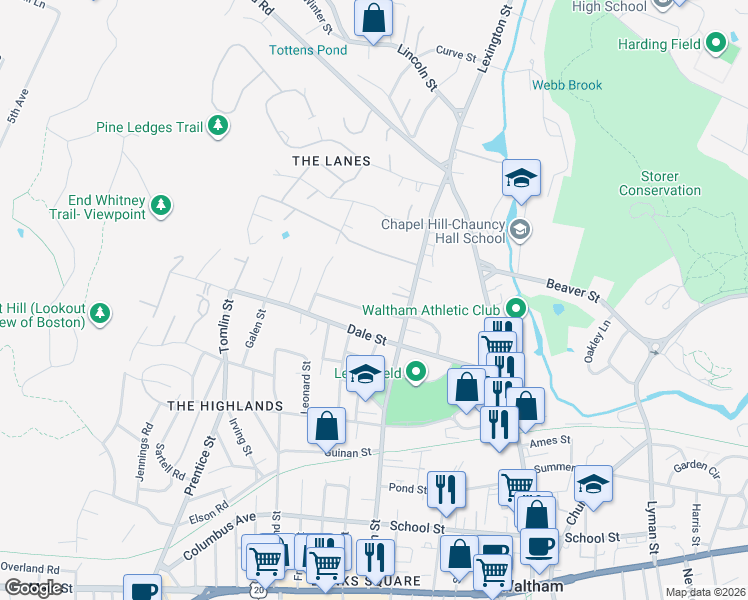 map of restaurants, bars, coffee shops, grocery stores, and more near 29 Kendall Park in Waltham