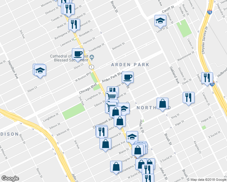 map of restaurants, bars, coffee shops, grocery stores, and more near 70 Westminster Street in Detroit