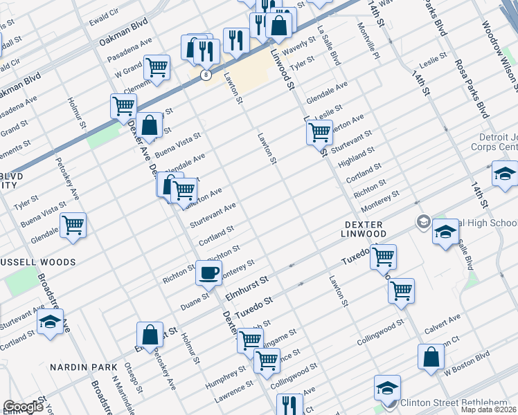 map of restaurants, bars, coffee shops, grocery stores, and more near 3000 Cortland Street in Detroit