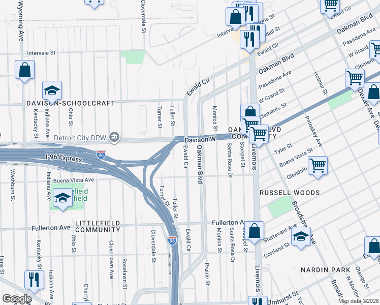 map of restaurants, bars, coffee shops, grocery stores, and more near 3095 Ewald Circle in Detroit