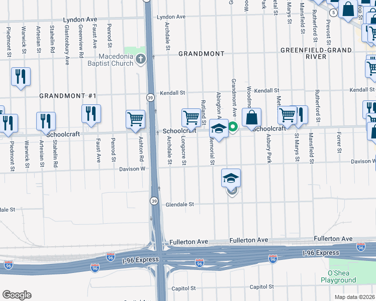 map of restaurants, bars, coffee shops, grocery stores, and more near 13565 Rutland Street in Detroit