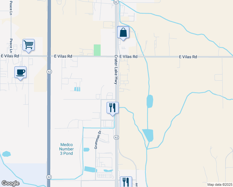 map of restaurants, bars, coffee shops, grocery stores, and more near Crater Lake Highway in Medford