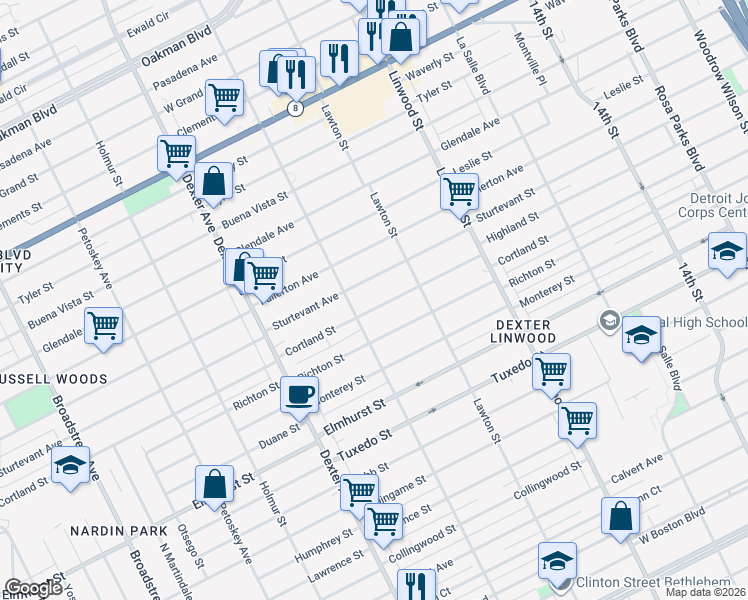 map of restaurants, bars, coffee shops, grocery stores, and more near 3000 Cortland Street in Detroit