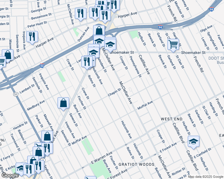 map of restaurants, bars, coffee shops, grocery stores, and more near 5721 Belvidere Street in Detroit