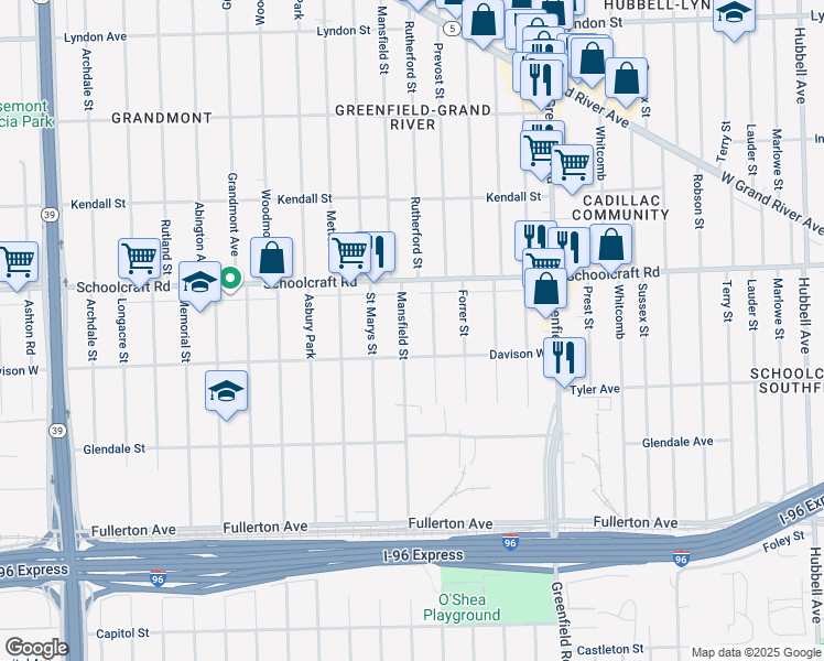 map of restaurants, bars, coffee shops, grocery stores, and more near 13550 Mansfield Street in Detroit