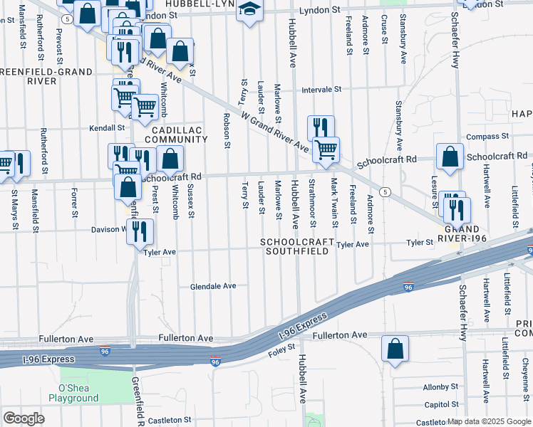 map of restaurants, bars, coffee shops, grocery stores, and more near 13304 Lauder Street in Detroit