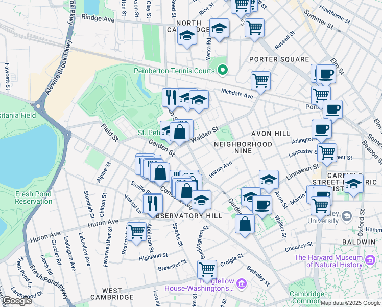 map of restaurants, bars, coffee shops, grocery stores, and more near 33 Fenno Street in Cambridge