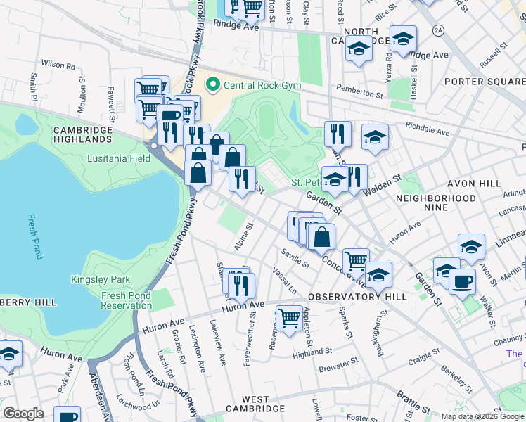 map of restaurants, bars, coffee shops, grocery stores, and more near 80 Alpine Street in Cambridge