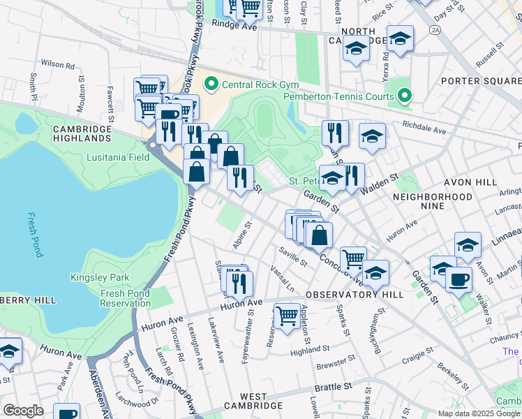 map of restaurants, bars, coffee shops, grocery stores, and more near 80 Alpine Street in Cambridge