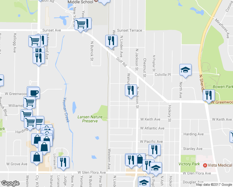 map of restaurants, bars, coffee shops, grocery stores, and more near 1816 North Linden Avenue in Waukegan