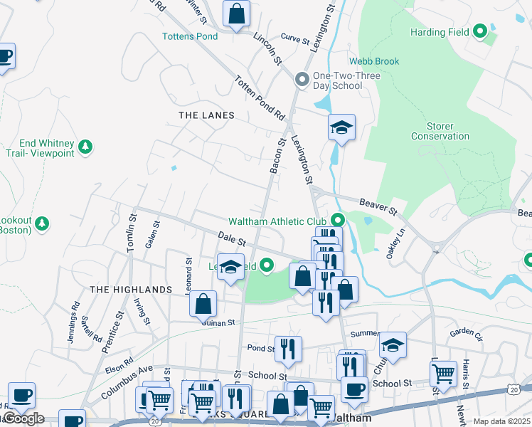 map of restaurants, bars, coffee shops, grocery stores, and more near 267 Bacon Street in Waltham