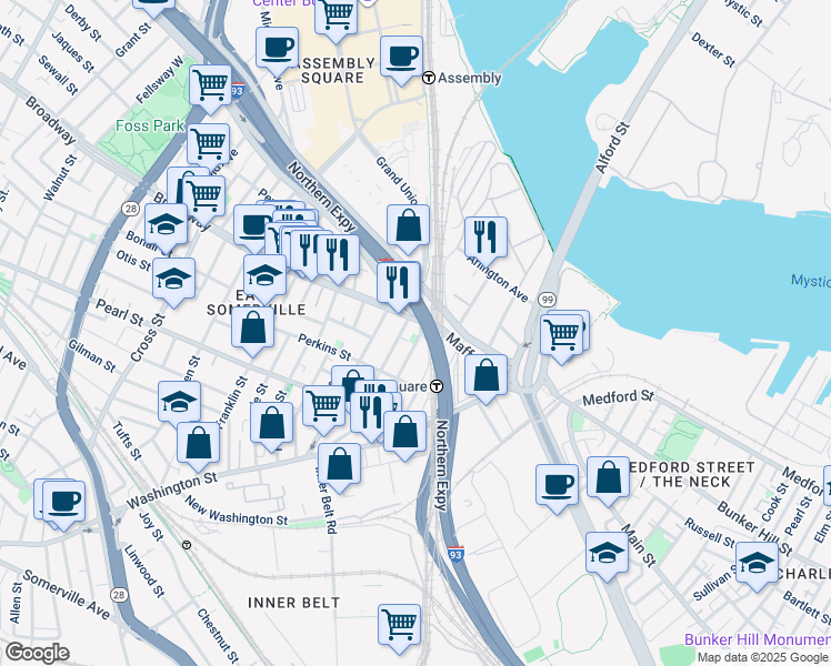 map of restaurants, bars, coffee shops, grocery stores, and more near 89 Brighton Street in Boston
