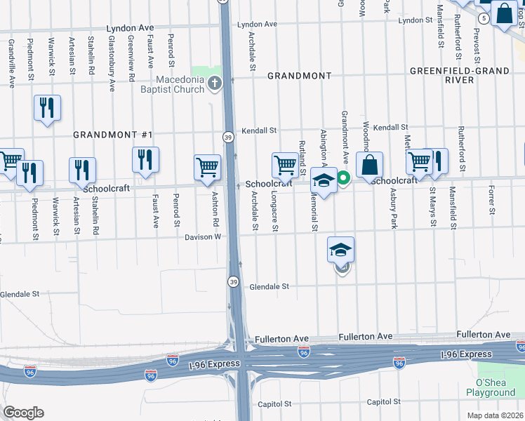 map of restaurants, bars, coffee shops, grocery stores, and more near 13575 Longacre Street in Detroit