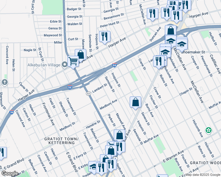 map of restaurants, bars, coffee shops, grocery stores, and more near 5997 Seminole Street in Detroit