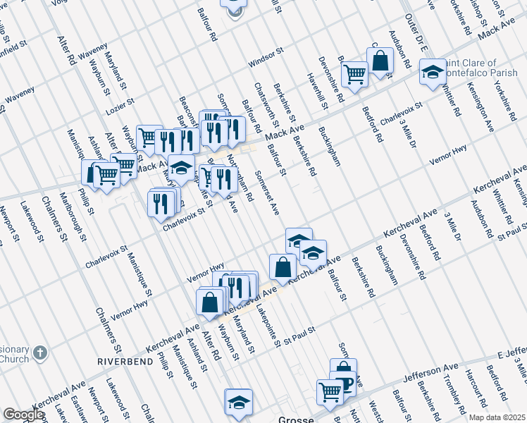 map of restaurants, bars, coffee shops, grocery stores, and more near 1346 Nottingham Rd in Grosse Pointe Park