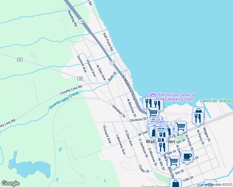 map of restaurants, bars, coffee shops, grocery stores, and more near 302 N Jackson St in Watkins Glen