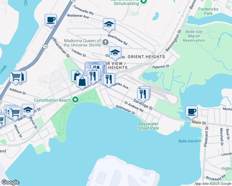 map of restaurants, bars, coffee shops, grocery stores, and more near 1061 Saratoga Street in Boston