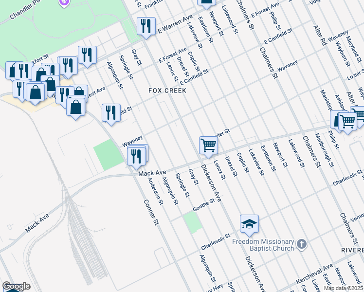 map of restaurants, bars, coffee shops, grocery stores, and more near 4126 Gray Street in Detroit