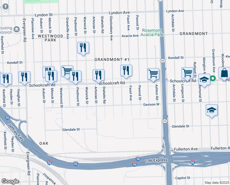 map of restaurants, bars, coffee shops, grocery stores, and more near 13590 Glastonbury Ave in Detroit