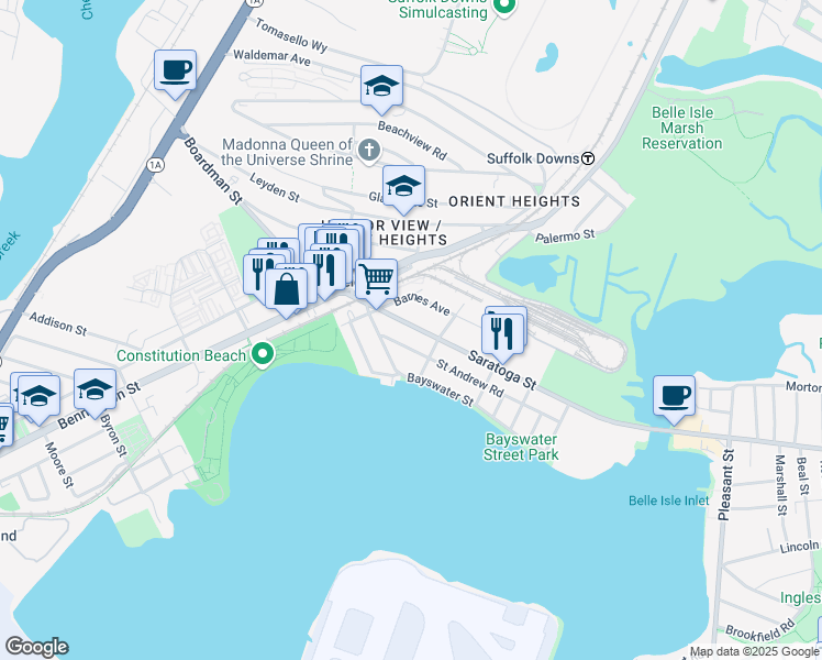 map of restaurants, bars, coffee shops, grocery stores, and more near 1065 Saratoga Street in Boston