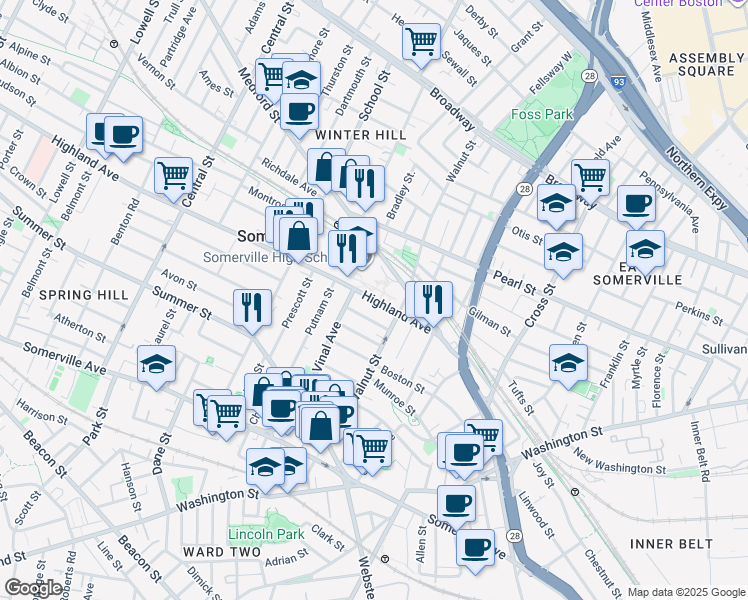 map of restaurants, bars, coffee shops, grocery stores, and more near 48 Highland Avenue in Somerville