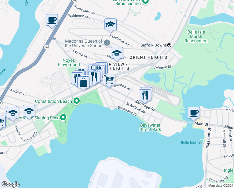 map of restaurants, bars, coffee shops, grocery stores, and more near 1059 Saratoga Street in Boston