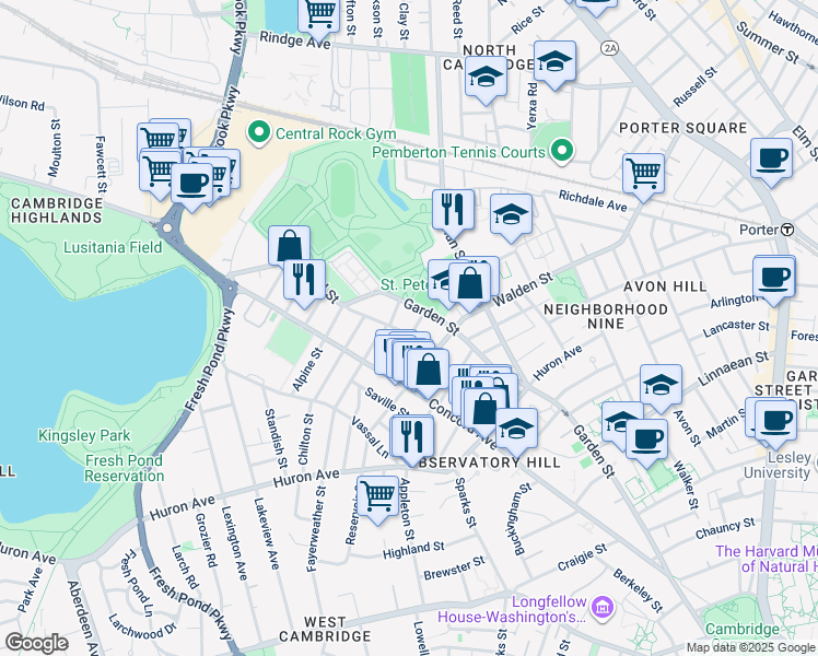 map of restaurants, bars, coffee shops, grocery stores, and more near 197 Fayerweather Street in Cambridge