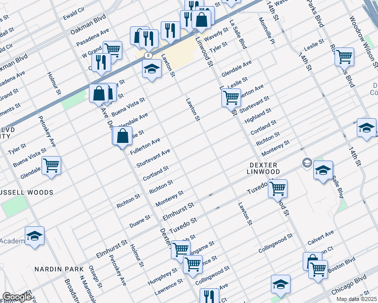 map of restaurants, bars, coffee shops, grocery stores, and more near 3000 Cortland Street in Detroit