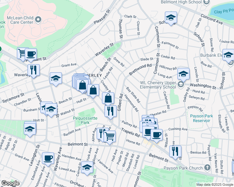 map of restaurants, bars, coffee shops, grocery stores, and more near 91-93 Slade Street in Belmont