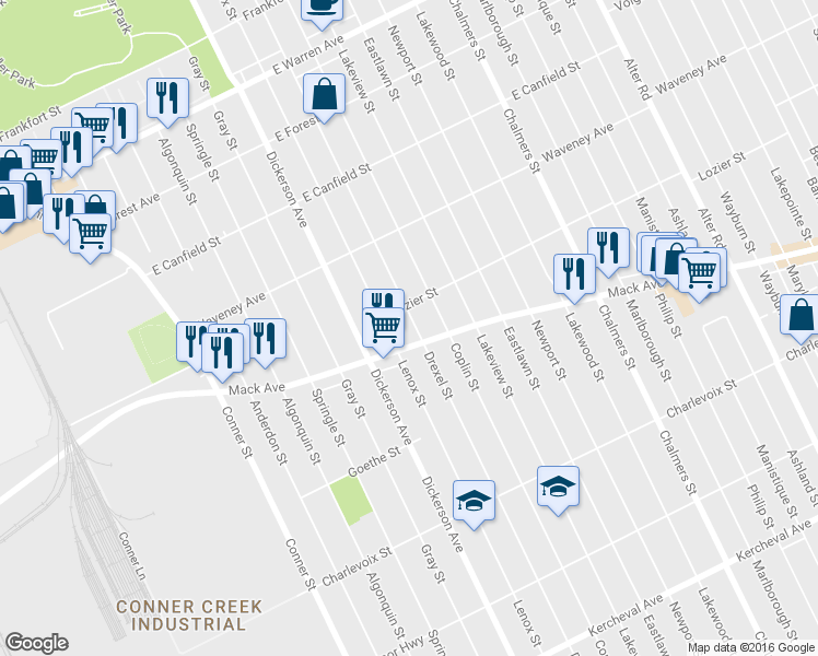 map of restaurants, bars, coffee shops, grocery stores, and more near 3935 Drexel St in Detroit