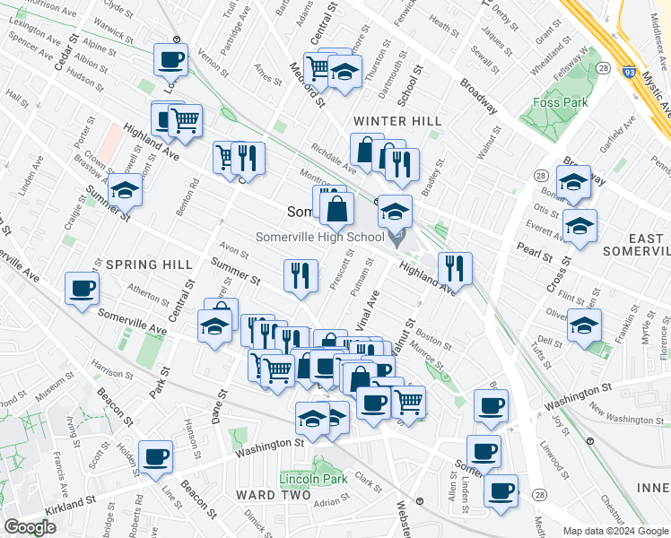 map of restaurants, bars, coffee shops, grocery stores, and more near 46 Prescott Street in Somerville