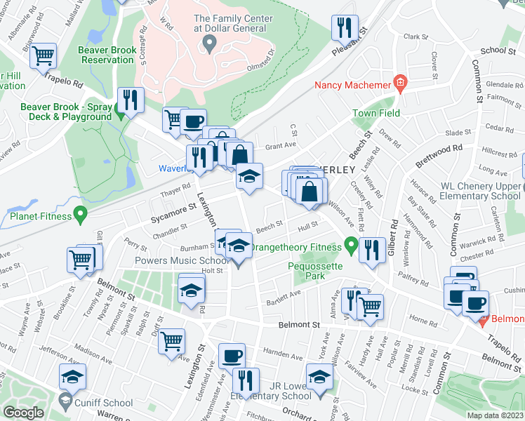 map of restaurants, bars, coffee shops, grocery stores, and more near 28 Dante Avenue in Belmont