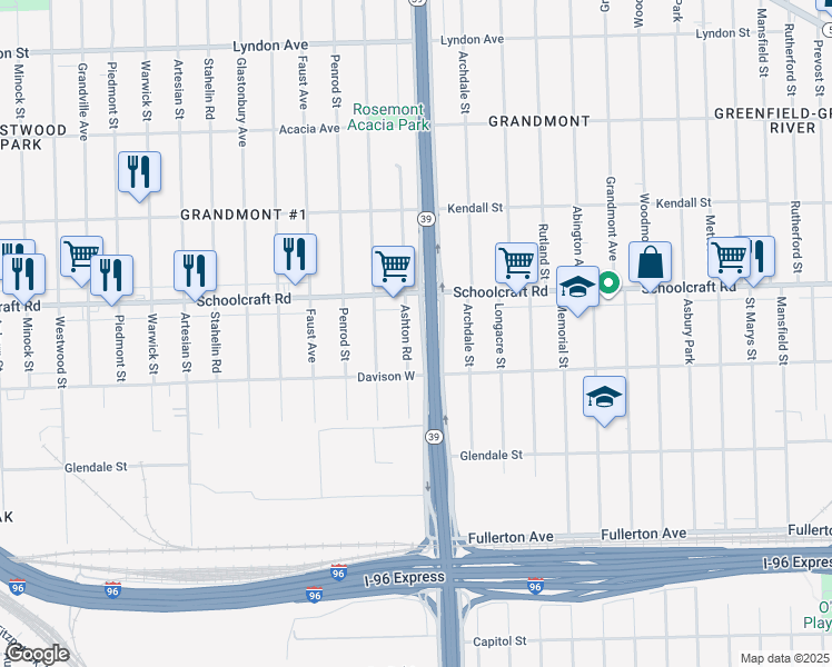 map of restaurants, bars, coffee shops, grocery stores, and more near 13580 Ashton Road in Detroit