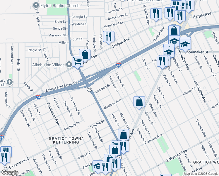 map of restaurants, bars, coffee shops, grocery stores, and more near 5997 Seminole Street in Detroit
