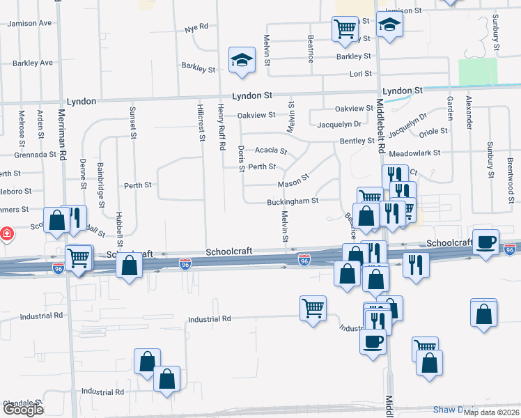 map of restaurants, bars, coffee shops, grocery stores, and more near 30211 Buckingham Street in Livonia