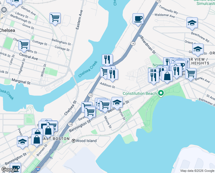 map of restaurants, bars, coffee shops, grocery stores, and more near 107 Addison Street in Boston