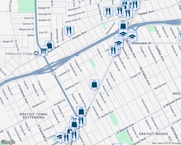 map of restaurants, bars, coffee shops, grocery stores, and more near 5926 Seneca Street in Detroit